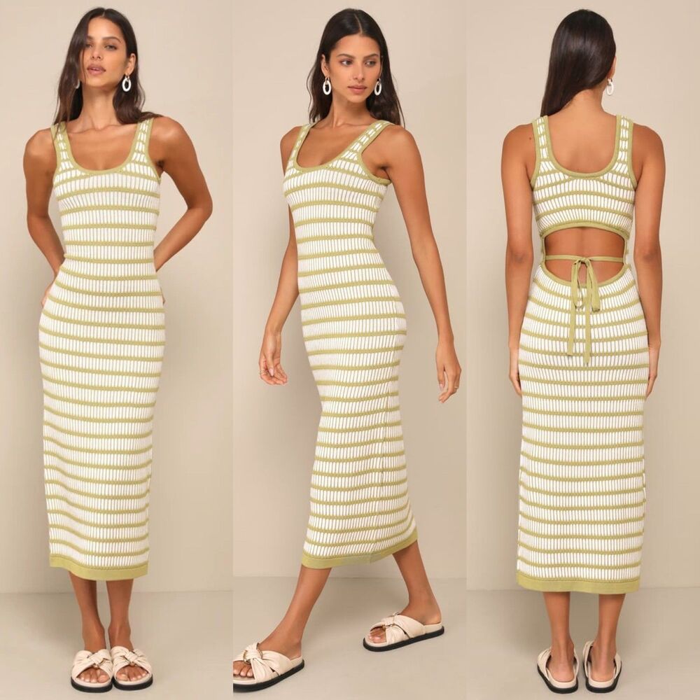 Lulus Women Size XL Curated Choice Green Ivory Striped Cutout Knit Midi Dress